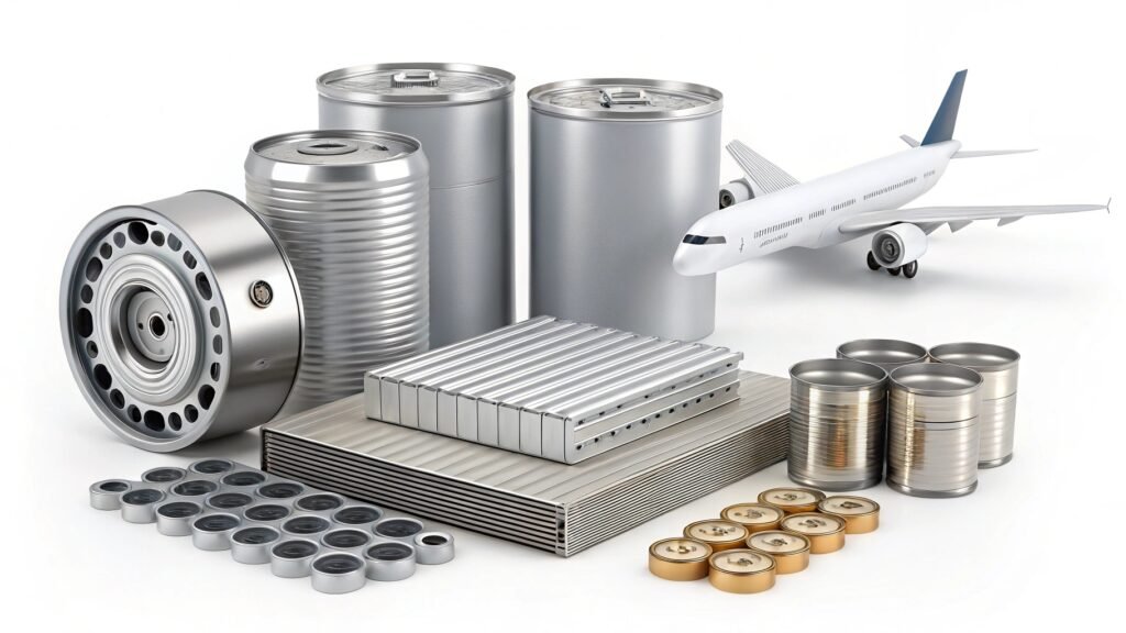 alt text: Examples of safe aluminum alloy uses - cookware, drink cans, building facade